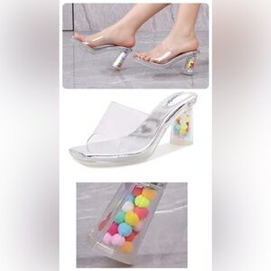 NWOT - Transparent BALL Décor Sandals in Silver (Size 7) *Heel Height 3.15"